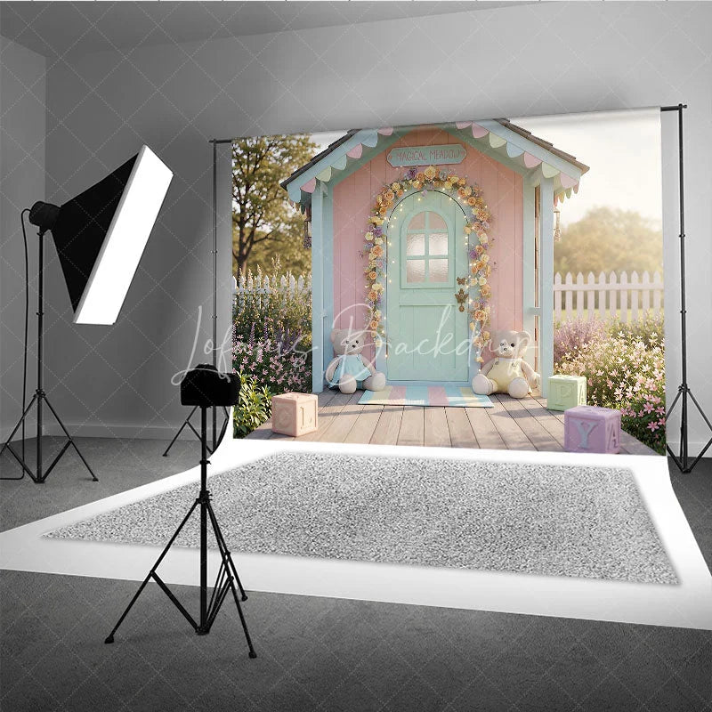 Lofaris Whimsical Pastel Playhouse Photography Backdrop Floral Arch Fairy Lights Magical Meadow Baby Shower or Kids Birthday