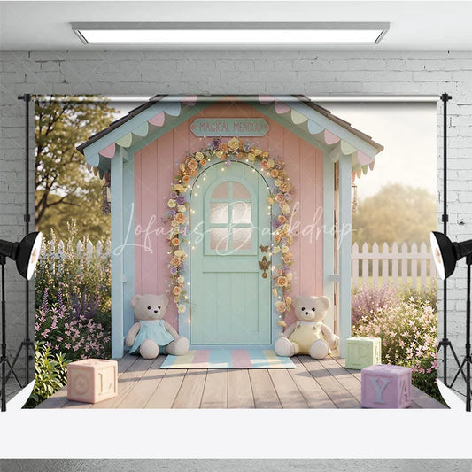 Lofaris Whimsical Pastel Playhouse Photography Backdrop Floral Arch Fairy Lights Magical Meadow Baby Shower or Kids Birthday