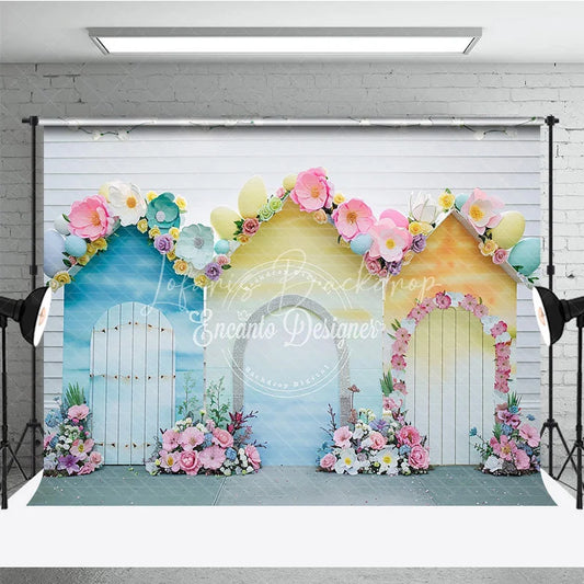 Lofaris Whimsical Pastel Spring Floral House Photography Backdrop with Easter Eggs for Baby Shower and Kids Birthday Party