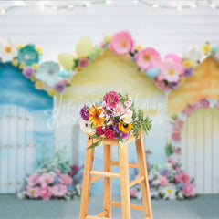 Lofaris Whimsical Pastel Spring Floral House Photography Backdrop with Easter Eggs for Baby Shower and Kids Birthday Party
