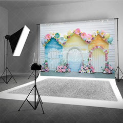 Lofaris Whimsical Pastel Spring Floral House Photography Backdrop with Easter Eggs for Baby Shower and Kids Birthday Party