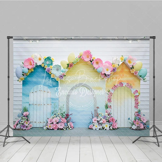 Lofaris Whimsical Pastel Spring Floral House Photography Backdrop with Easter Eggs for Baby Shower and Kids Birthday Party