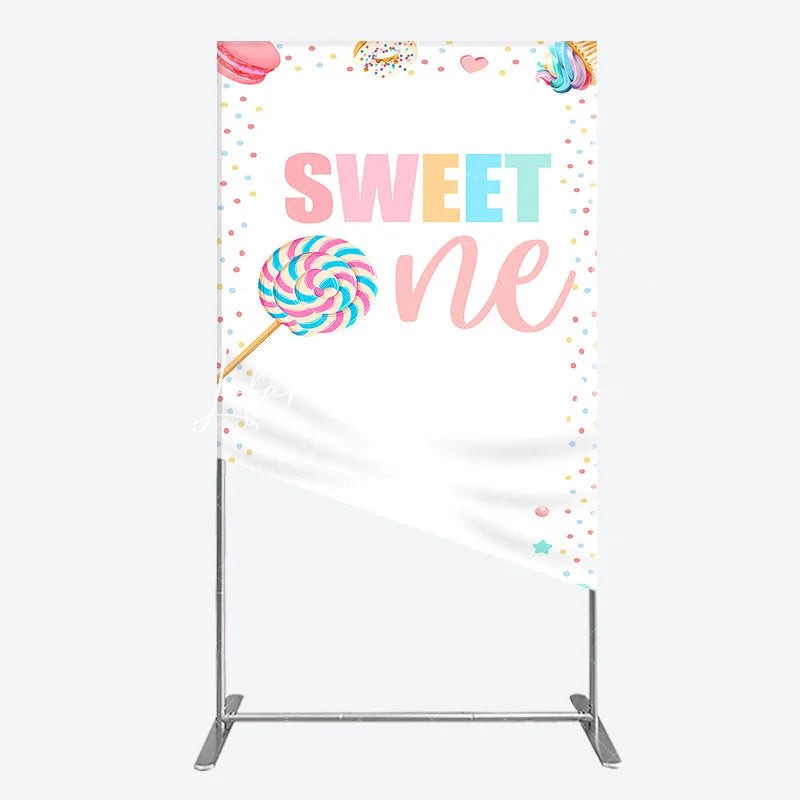 Lofaris Whimsical Pastel Sweet One Lollipop and Dessert Confetti Rectangle Arch Backdrop First Birthday Party Decor