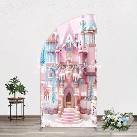 Lofaris Whimsical Pink and Blue Candy Castle Winter Wonderland Half Moon Arch Backdrop Festive Holiday Birthday Party Decor