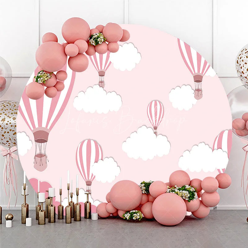 Lofaris Whimsical Pink and White Hot Air Balloon Round Backdrop with Dreamy Clouds for Baby Shower Birthday Party Decor