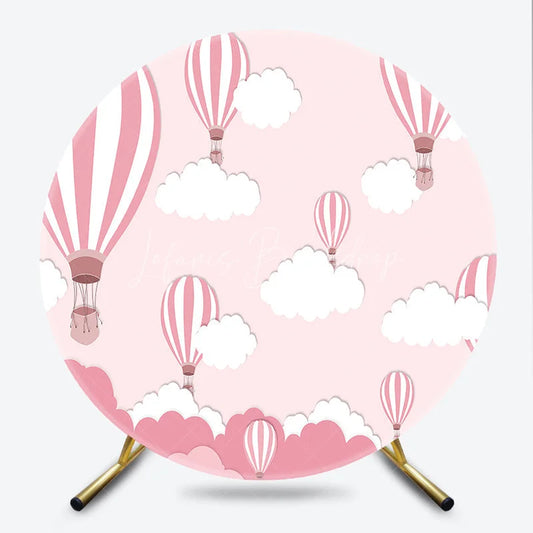 Lofaris Whimsical Pink and White Hot Air Balloon Round Backdrop with Dreamy Clouds for Baby Shower Birthday Party Decor