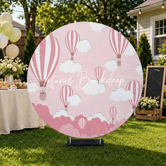 Lofaris Whimsical Pink and White Hot Air Balloon Round Backdrop with Dreamy Clouds for Baby Shower Birthday Party Decor