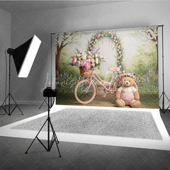 Lofaris Whimsical Pink Bicycle and Floral Arch Photography Backdrop Spring Garden Teddy Bear Baby Shower Decor