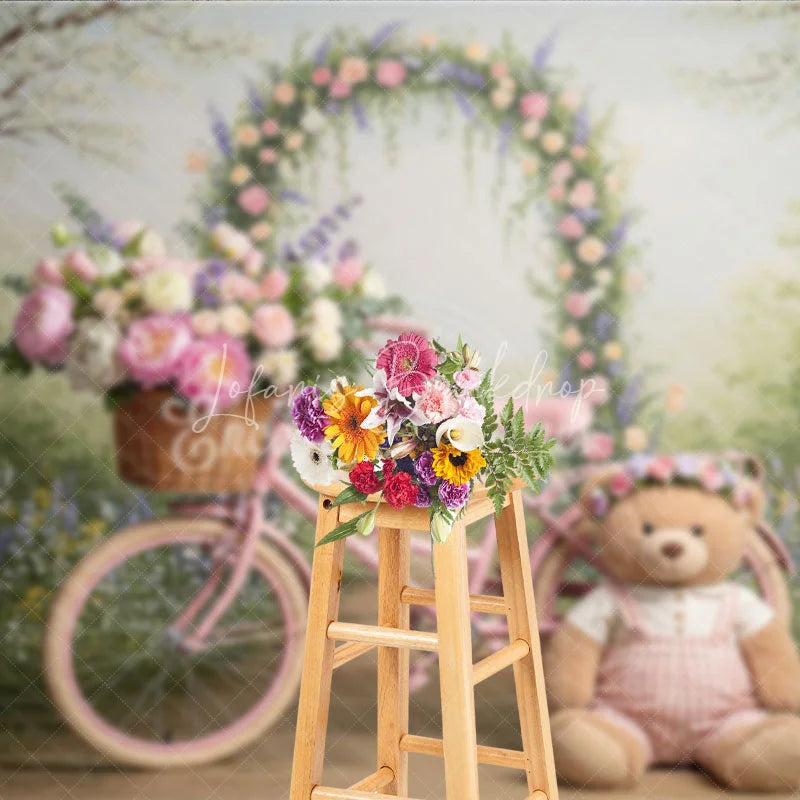 Lofaris Whimsical Pink Bicycle and Floral Arch Photography Backdrop Spring Garden Teddy Bear Baby Shower Decor