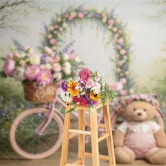 Lofaris Whimsical Pink Bicycle and Floral Arch Photography Backdrop Spring Garden Teddy Bear Baby Shower Decor