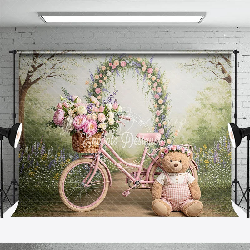 Lofaris Whimsical Pink Bicycle and Floral Arch Photography Backdrop Spring Garden Teddy Bear Baby Shower Decor