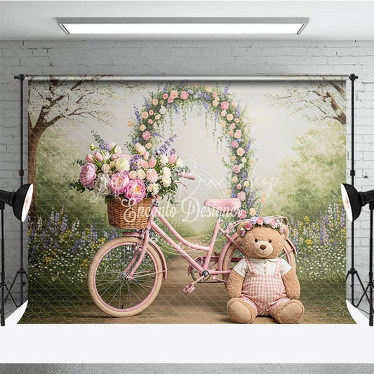 Lofaris Whimsical Pink Bicycle and Floral Arch Photography Backdrop Spring Garden Teddy Bear Baby Shower Decor