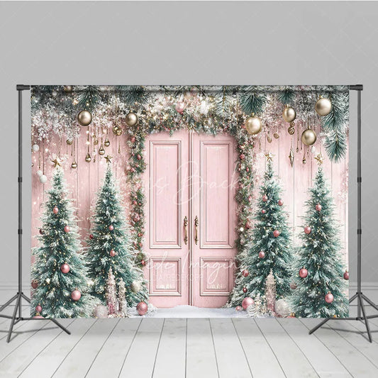 Lofaris Whimsical Pink Christmas Door Combo Set Backdrop Snowy Scene with Trees Holiday Photo Cloud Floor