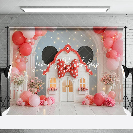 Lofaris Whimsical Pink Coral Balloon Garland Playhouse Photography Backdrop Red Polka Dot Bow Birthday Party Decor