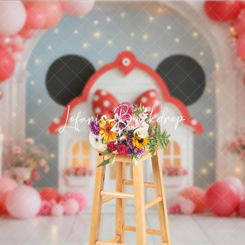 Lofaris Whimsical Pink Coral Balloon Garland Playhouse Photography Backdrop Red Polka Dot Bow Birthday Party Decor