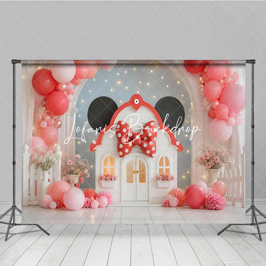 Lofaris Whimsical Pink Coral Balloon Garland Playhouse Photography Backdrop Red Polka Dot Bow Birthday Party Decor