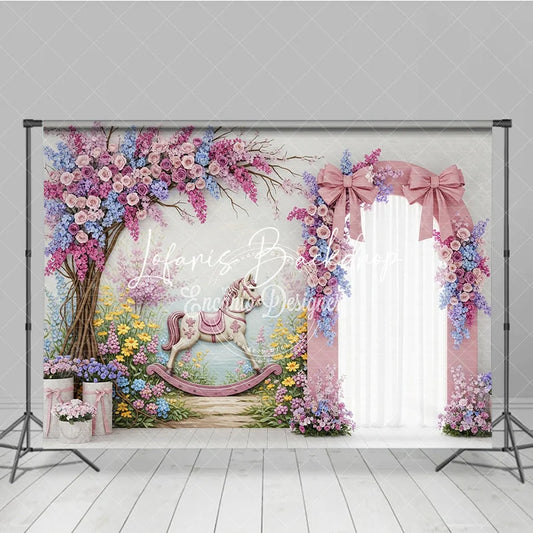 Lofaris Whimsical Pink Floral Arch Rocking Horse Photography Backdrop Pastel Garden Baby Shower Birthday Party Decor