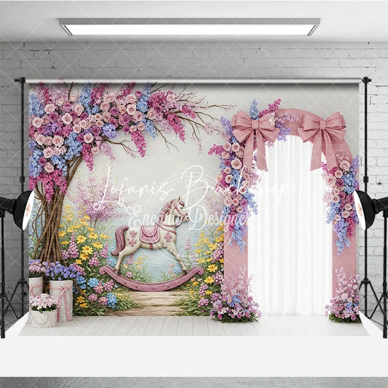 Lofaris Whimsical Pink Floral Arch Rocking Horse Photography Backdrop Pastel Garden Baby Shower Birthday Party Decor