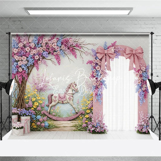 Lofaris Whimsical Pink Floral Arch Rocking Horse Photography Backdrop Pastel Garden Baby Shower Birthday Party Decor