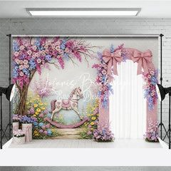 Lofaris Whimsical Pink Floral Arch Rocking Horse Photography Backdrop Pastel Garden Baby Shower Birthday Party Decor