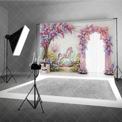 Lofaris Whimsical Pink Floral Arch Rocking Horse Photography Backdrop Pastel Garden Baby Shower Birthday Party Decor