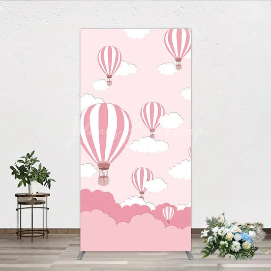 Lofaris Whimsical Pink Hot Air Balloon and Clouds Rectangle Arch Backdrop Baby Shower Birthday Party Decor