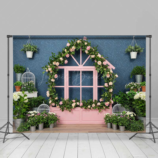 Lofaris Whimsical Pink Playhouse Window Backdrop House Shaped Frame with Roses Kids Spring Garden Photography Prop