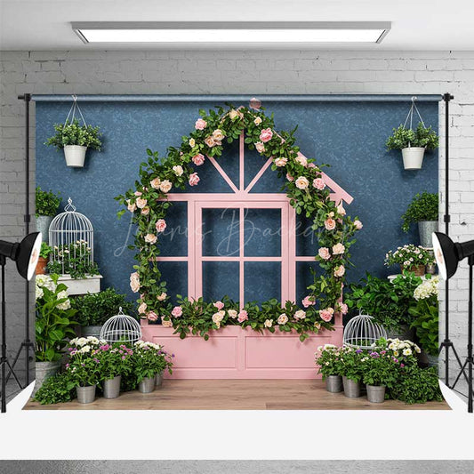 Lofaris Whimsical Pink Playhouse Window Backdrop House Shaped Frame with Roses Kids Spring Garden Photography Prop