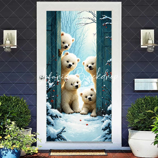 Lofaris Whimsical Polar Bear Cubs Peeking Snowy Winter Forest Door Cover Blue Wooden Holiday Party Decor