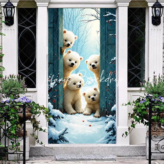 Lofaris Whimsical Polar Bear Cubs Peeking Snowy Winter Forest Door Cover Blue Wooden Holiday Party Decor