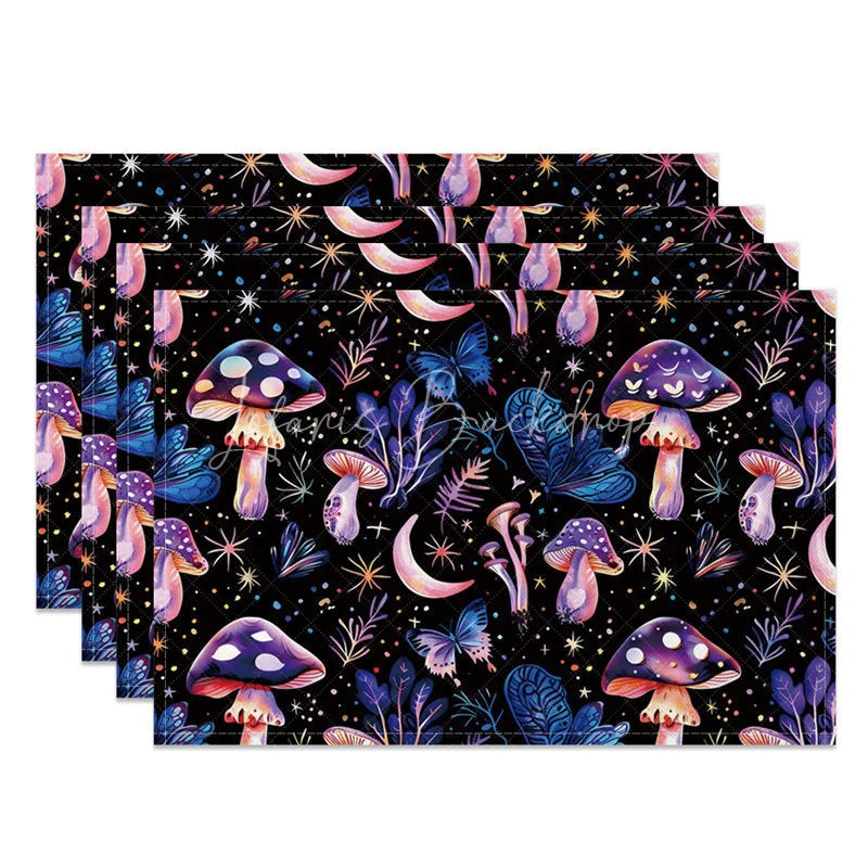 Lofaris Whimsical Purple and Pink Mushroom Star Set of 4 Placemats for Magical Fantasy Themed Decor