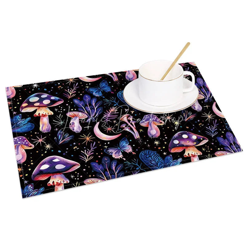 Lofaris Whimsical Purple and Pink Mushroom Star Set of 4 Placemats for Magical Fantasy Themed Decor