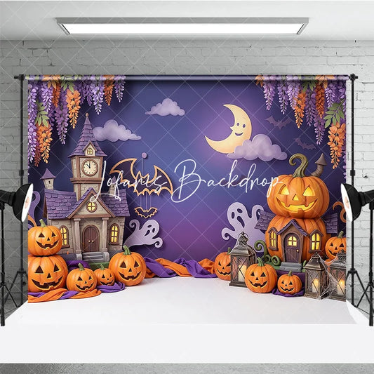 Lofaris Whimsical Purple Halloween Haunted House Photography Backdrop featuring Jack-o-Lanterns Ghosts and Bats