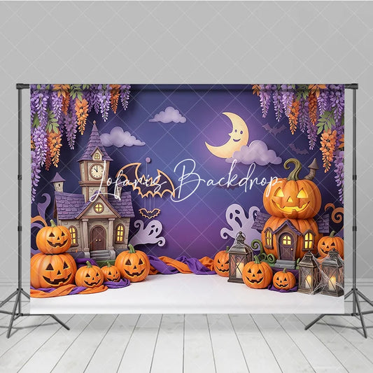 Lofaris Whimsical Purple Halloween Haunted House Photography Backdrop featuring Jack-o-Lanterns Ghosts and Bats