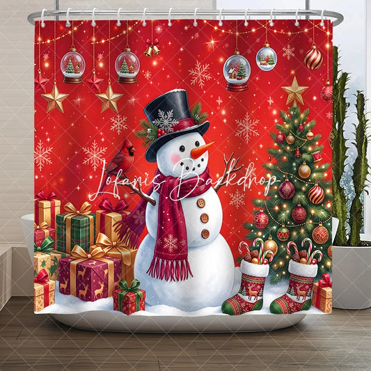 Lofaris Whimsical Red Christmas Snowman and Cardinal Bird Shower Curtain Winter Holiday Decor with Gifts Decorated Tree