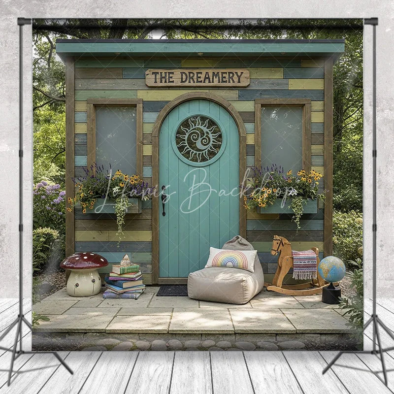 Lofaris Whimsical Rustic Wooden Playhouse Photography Backdrop with Arched Teal Door and Sun Carving Fairy Tale Garden Scene