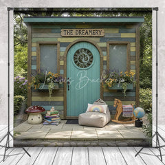 Lofaris Whimsical Rustic Wooden Playhouse Photography Backdrop with Arched Teal Door and Sun Carving Fairy Tale Garden Scene