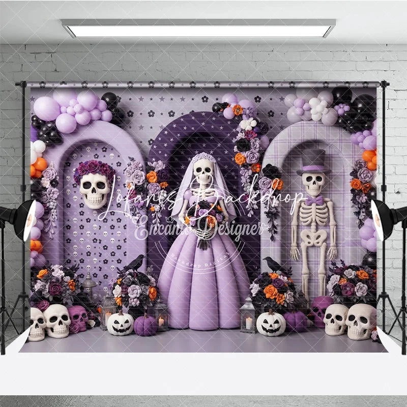 Lofaris Whimsical Skeleton Bride and Groom Photography Backdrop Purple Orange Black Balloons Floral Decor