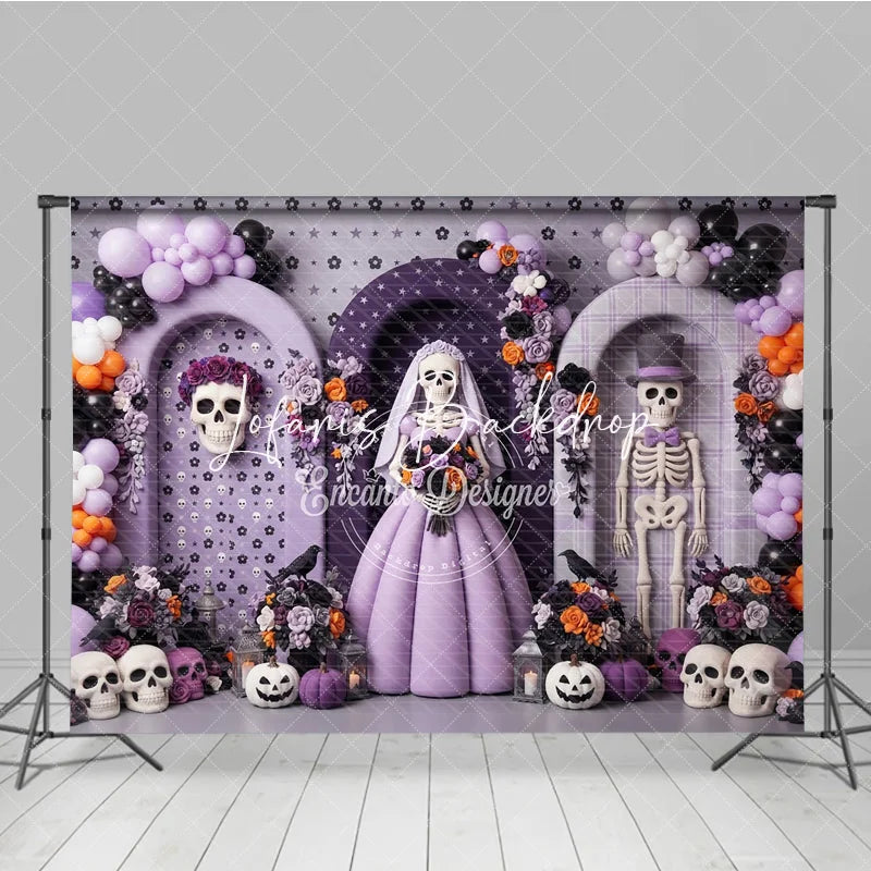 Lofaris Whimsical Skeleton Bride and Groom Photography Backdrop Purple Orange Black Balloons Floral Decor