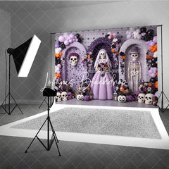 Lofaris Whimsical Skeleton Bride and Groom Photography Backdrop Purple Orange Black Balloons Floral Decor