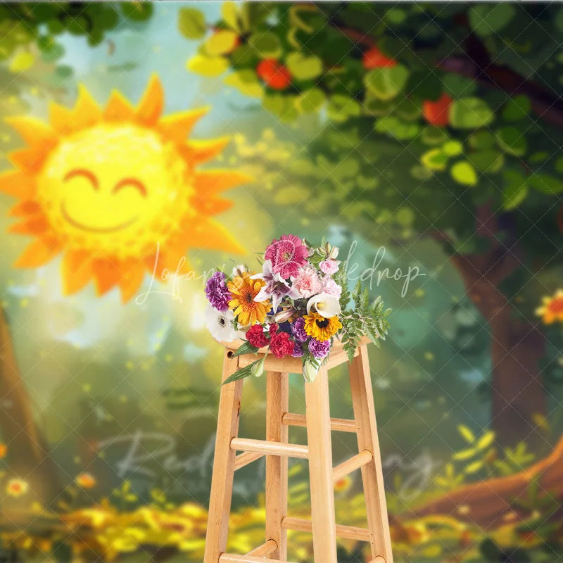 Lofaris Whimsical Smiling Sun Forest Photography Backdrop Golden Light and Green Trees Cheerful Spring Summer Party Decor