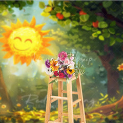 Lofaris Whimsical Smiling Sun Forest Photography Backdrop Golden Light and Green Trees Cheerful Spring Summer Party Decor