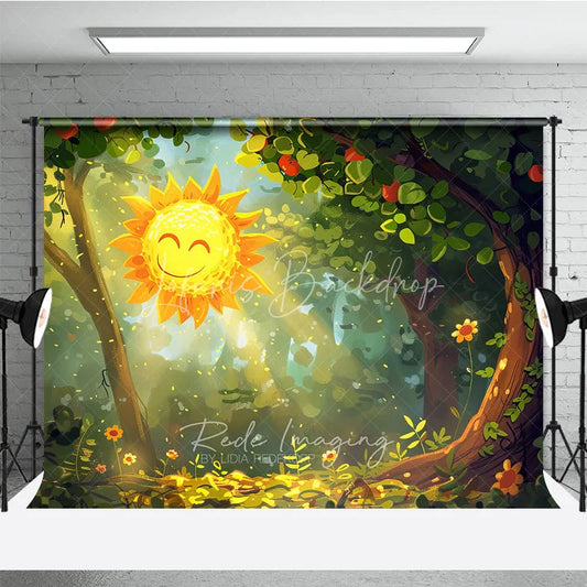 Lofaris Whimsical Smiling Sun Forest Photography Backdrop Golden Light and Green Trees Cheerful Spring Summer Party Decor