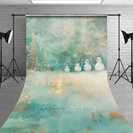 Lofaris Whimsical Snowman Sweep Backdrop Artistic Teal Gold Glitter Trees Painted Winter Floor Photo Background