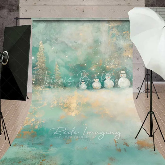 Lofaris Whimsical Snowman Sweep Backdrop Artistic Teal Gold Glitter Trees Painted Winter Floor Photo Background