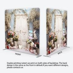 Lofaris Whimsical Spring Easter Square Double-Sided Backdrop featuring White Doors Cute Bunnies and Pastel Eggs