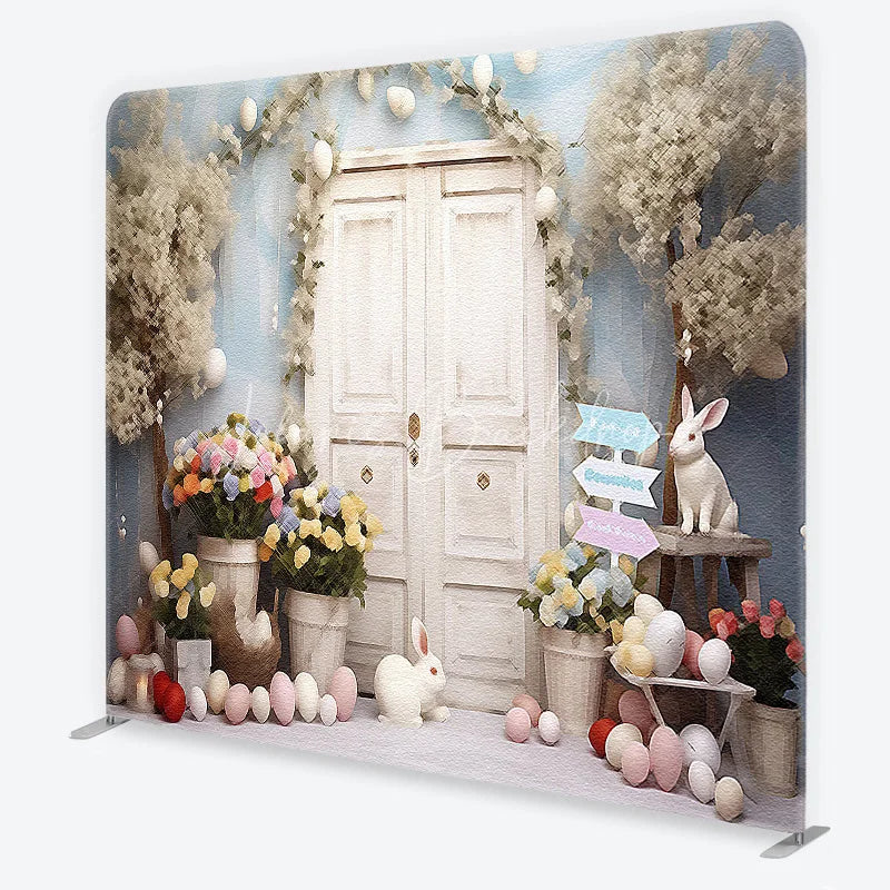 Lofaris Whimsical Spring Easter Square Double-Sided Backdrop featuring White Doors Cute Bunnies and Pastel Eggs
