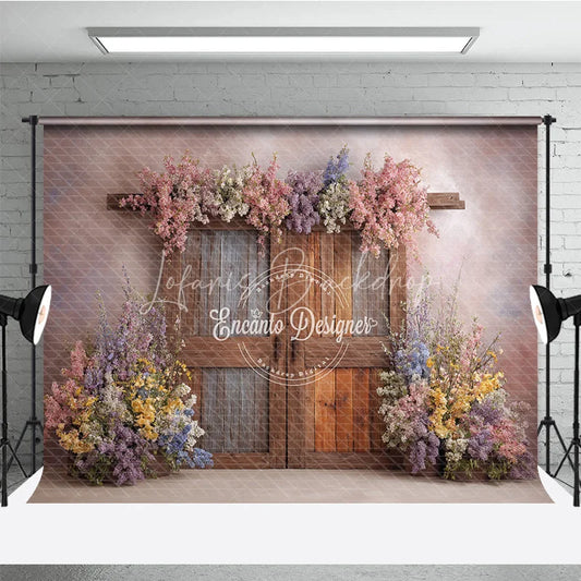 Lofaris Whimsical Spring Floral Door Photography Backdrop Rustic Wood Doors Fine Art Painterly Photo Background