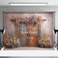 Lofaris Whimsical Spring Floral Door Photography Backdrop Rustic Wood Doors Fine Art Painterly Photo Background