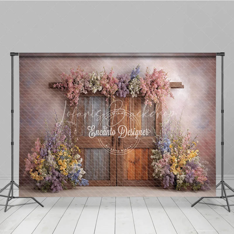 Lofaris Whimsical Spring Floral Door Photography Backdrop Rustic Wood Doors Fine Art Painterly Photo Background